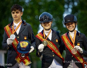 The children's podium with Agustin Aragon, Jeannette Vallve and Carmen Prado at the 2023 Spanish Youth Riders Championships :: Photos © Lily Forado