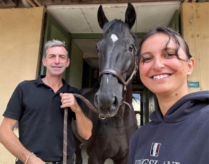 Trainer Sébastien Goyheneix, Zeus de Malleret and French para dressage rider Chiara Zenati who became the 2023 European Reserve Para Champion in Grade III