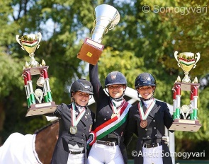 The senior Grand Prix podium with Szalai, Yom-Tov and Losonczy at the 2023 Hungarian Dressage Championships in Mariakalnok :: Photos © Anett Somogyvari