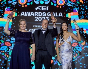 FEI Awards Gala in Mexico City (MEX): Emma Uusi-Simola (FIN) with the FEI Best Groom Award - Federico Fernández Senderos (MEX) with the FEI Inspire Award - Mimi Gochman (USA) with the FEI Rising Star Award. Von Bredow-Werndl did not to attend and joined via video :: Photo © FEI / Liz Gregg