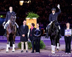 Sönke Rothenberger and Matthias Rath in the Otto Lorke prize giving ceremony (both on different horses) at the 2023 CDI-W Stuttgart :: Photo © Stefan Lafrentz