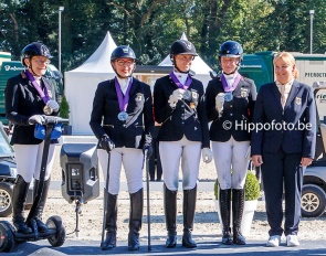 After five years Germany is back on the team podium in para dressage. New team trainer Silke Futterer-Sommer on the right :: Photo © Hippofoto.be