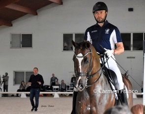 Sven Rothenberger training Endel Ots on the Belgian warmblood bred Lion King at the 2024 USDF Trainers Conference :: Photos © Carmen Franco