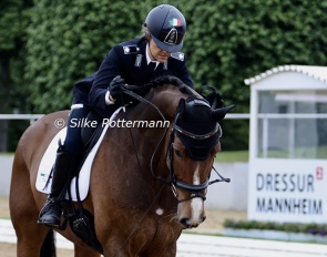 Italian Francesca Salvade pats Escari (by Escolar) at the end of their test at the 2024 CPEDI Mannheim :: Photo © Silke Rottermann