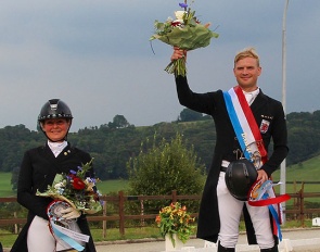 Fie Skarsoe and Nicolas Wagner on the senior podium at the 2024 Luxembourg Dressage Championships :: Photo © FLSE