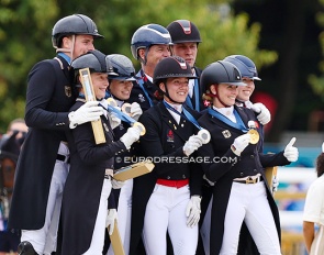 The team medal podium with Denmark, Germany and Great Britain at the 2024 Olympics :: Photo © Astrid Appels