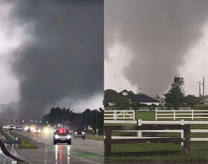The tornado crossing 441 near Big Blue Trace and heading towards Loxahatchee Groves (left) on 9 October 2024