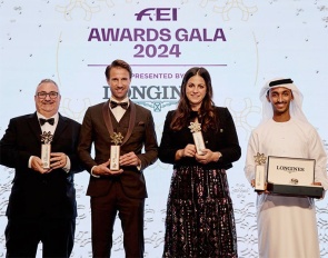 FEI Awards 2024 winners. (L-R) Richard Frankle from the Namibian Equestrian Federation (NAMEF), Christian Kukuk (GER),  Bettina Cardinael (FRA) and Omar Abdul Aziz Al Marzooqi (UAE) :: Photo © FEI / Liz Gregg