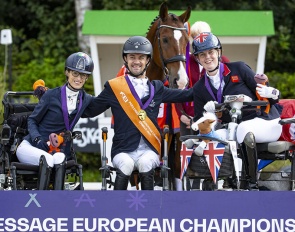 Sara Morganti, Rihards Snikus and Mari Durward-Akhurst on the individual podium for Grade I at the 2025 European Para Dressage Championships :: Photos © Digishots