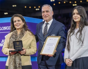 Honorary President HRH Princess Haya (left) received the FEI Order of Merit, the organisation’s highest distinction, from the FEI President Ingmar De Vos (middle), accompanied by HRH Princess Haya's daughter, Her Highness Princess Jalila (right) :: Photo © Jon Stroud