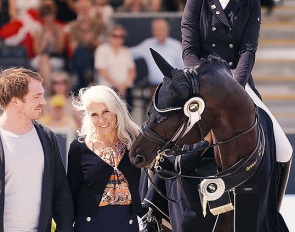 Marc and Monic Schmidheiny with Most Wanted Nero von Bellin at the 2025 World Young Horse Championships in Verden