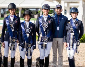 From L to R: Marie Vonderheyden, Hannah Kingsley, Kate Shoemaker, USA Para Dressage Chef d'Equipe Michel Assouline, and Cindy Screnci :: Photo © Devyn Ivy