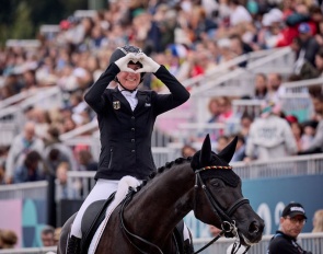 Anna-Lena Niehues (GER) is pictured after competing with Quimbaya NRW in the Individual Freestyle Grade IV at the Paris 2024 Paralympic Games on 7 September 2024 :: Photo © FEI/Liz Gregg