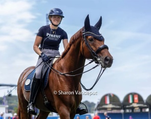 Katharina Hemmer and Denoix leave the Aachen stadium after the first familiarisation at the 2026 World Championships :: Photo © Hippofoto