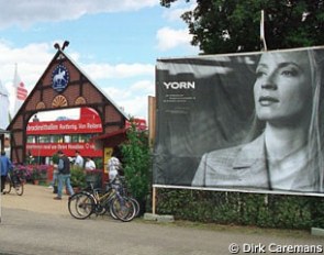 Isabell Werth as a photo model in a YORN ad campaign at the show ground gates of the 2001 European Championships