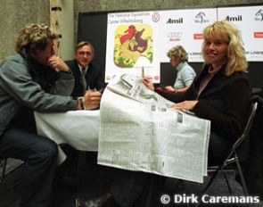 Anky van Grunsven has plenty of time to read the paper as she was not competing in the 2001 World Cup Finals. The Dutch Minister of Agriculture prohibited transportation of livestock due to the Foot & Mouth disease