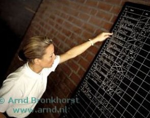Lisa Wilcox, former bereiter at Gestut Vorwerk, checks the board to see which horses she still has to ride :: Photo © Arnd Bronkhorst