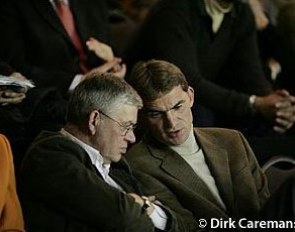 Johann Hinnemann and Rudolf Zeilinger discuss at the 2004 Global Dressage Forum :: Photo © Dirk Caremans