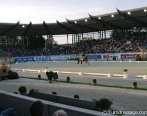 The arena at dusk. Steffen Peters and Lombardi II competing :: Photo © Thomas Bach Jensen for Eurodressage