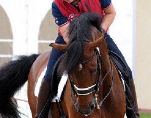 Fiona Bigwood gives her horse Mr G de Lully a big pat for doing a good job in the warm up ring.