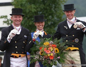 The 2005 European Championship individual podium: Hubertus Schmidt (silver), Anky van Grunsven (gold), Jan Brink (bronze) :: Photo © Astrid Appels