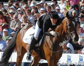  Susann Konrad is overjoyed as she hears the winning score for Moses in the 4-year old mares and geldings class