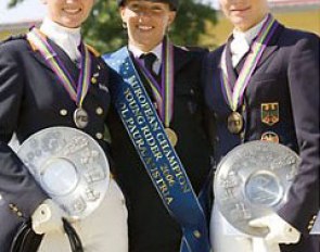 The individual podium at the 2006 European Young Riders Championships: Van den Brink (silver), Truppa (gold), Sprehe (bronze) :: Photo © Michael Rzepa
