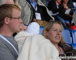 Danish team rider Anders Dahl with his newborn baby Mette, girlfriend and mom Fiona Bigwood next to him