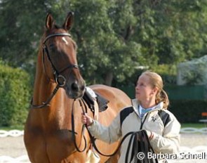 Isabell Werth lunged Satchmo before the competition kicked off at the 2006 World Equestrian Games :: Photo © Barbara Schnell
