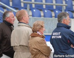 Klaus Balkenhol, Wilfried and Ursula Bechtolsheimer and team coach Ferdi Eilberg watch Laura's ride.