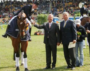 Isabell Werth and Apache at the Grand Prix Special prize giving ceremony in the Aachen grand stadium