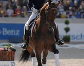 Isabell Werth aboard Der Stern during a training demonstration with coach Wolfram Wittig