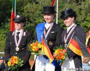 The Individual Test Young Riders podium: Truppa (bronze), Schutte (gold), Sprehe (silver)