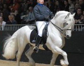 Sylvia Parduhn on her rare white Friesian Nero