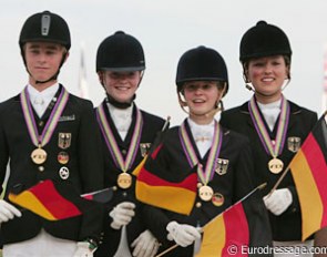 The gold medal winning German pony team: Sönke Rothenberger, Katharina Weychert, Carlotta Hassenburger, Florine Kienbaum :: Photo © Astrid Appels