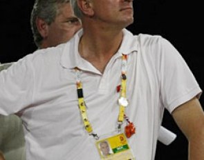 Wolfram Wittig watches his student Isabell Werth ride at the 2008 Olympic Games :: Photo © Dirk Caremans