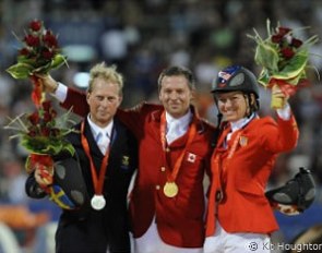 The 2008 Olympic show jumping podium: Bengtsson, Lamaze, Madden :: Photo © Kit Houghton