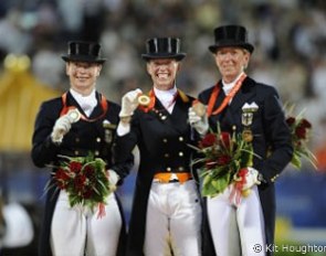 The 2008 Olympic podium: Isabell Werth, Anky van Grunsven, Heike Kemmer :: Photo © Kit Houghton