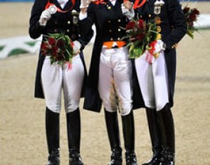 The 2008 Olympic podium: Isabell Werth, Anky van Grunsven, Heike Kemmer