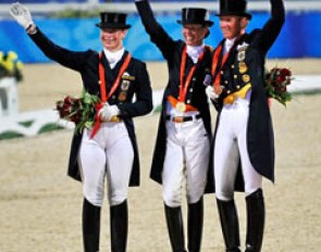 The 2008 Olympic podium: Isabell Werth, Anky van Grunsven, Heike Kemmer :: Photo © Franz Venhaus