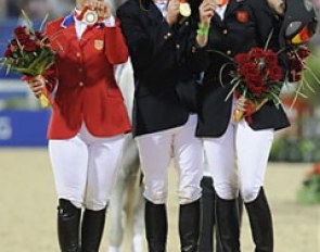 The 2008 Olympic eventing podium: Gina Miles, Hinrich Romeike, Tina Cook