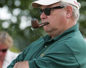 President of the American Hanoverian Society, Doug Leatherdale, watching his Hanoverian stallion Damsey (by Dressage Royal x Ritual) compete