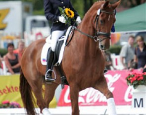 Elena Zhayvoronskaya on the Hanoverian mare Wildrose. Bred by Weltmeyer's breeder Mr. Meyer, Wildrose is by Weltmeyer. The mare does not have the prettiest topline but is a powerhouse mover. They finished fourth in the consolation finals.