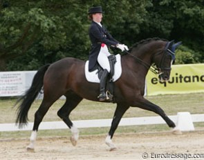 Danish Camilla Blicher on the big Hanoverian Adhesive's Hudson. They were going strong in the trot but lacked impulsion in the canter. The flying changes didn't go as well as normally.