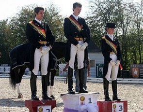 FEI Young Riders Podium: Thibault Vandenberghe (silver), Brecht D'Hoore (gold), Magali Bastaens (bronze)