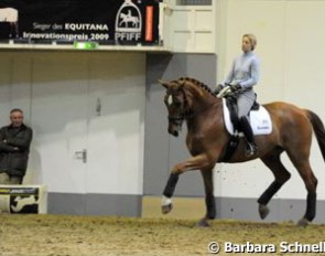 Capellmann warming up Elvis. Her trainer Klaus Balkenhol supervising