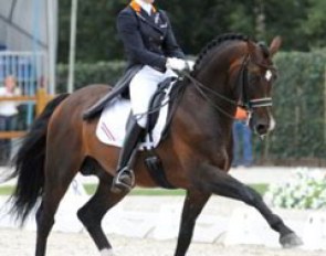 Angela Krooswijk on the Rhinelander stallion Roman Nature (by Rohdiamant)