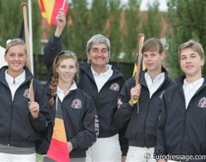 The Belgian dressage team: Noemie Goris, Alexa Fairchild, chef d'equipe Laurence van Doorslaer, Jorinde Verwimp, Geoffrey de Roy