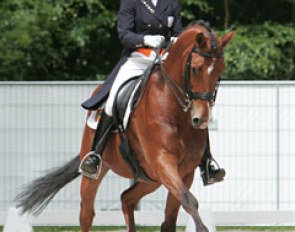 Van Grunsven on Nelson: the trot was very good but in canter it all fell apart. The horse was not responsive to the aids and constantly bopped his head going behind the vertical. Apparently, it had been a while since Nelson had gone to a competition.