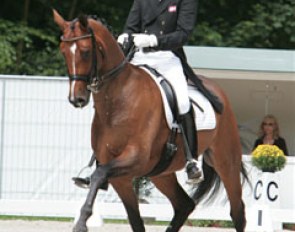 Andreas Helgstrand on Polka Hit Nexen, which won silver at the 2008 World Young Horse Championships. The pair doesn't look quite ready yet for Prix St Georges. Tension and some little mistakes reduced the score but the quality of the mare is amazing.